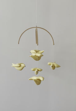 Baby mobile with cotton yellowhammer birds and wooden hanger