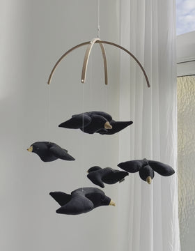 Baby mobile with cotton blackbirds and wooden hanger