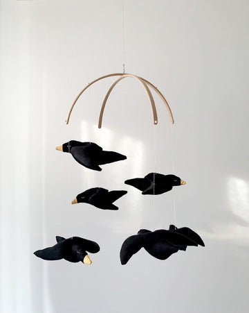 Baby mobile with cotton blackbirds and wooden hanger