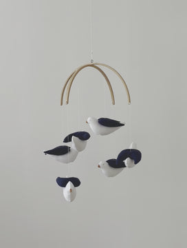 Baby mobile with cotton swallows and wooden hanger
