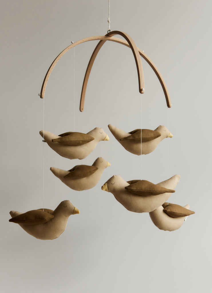 Baby mobile with cotton nightingales and wooden hanger