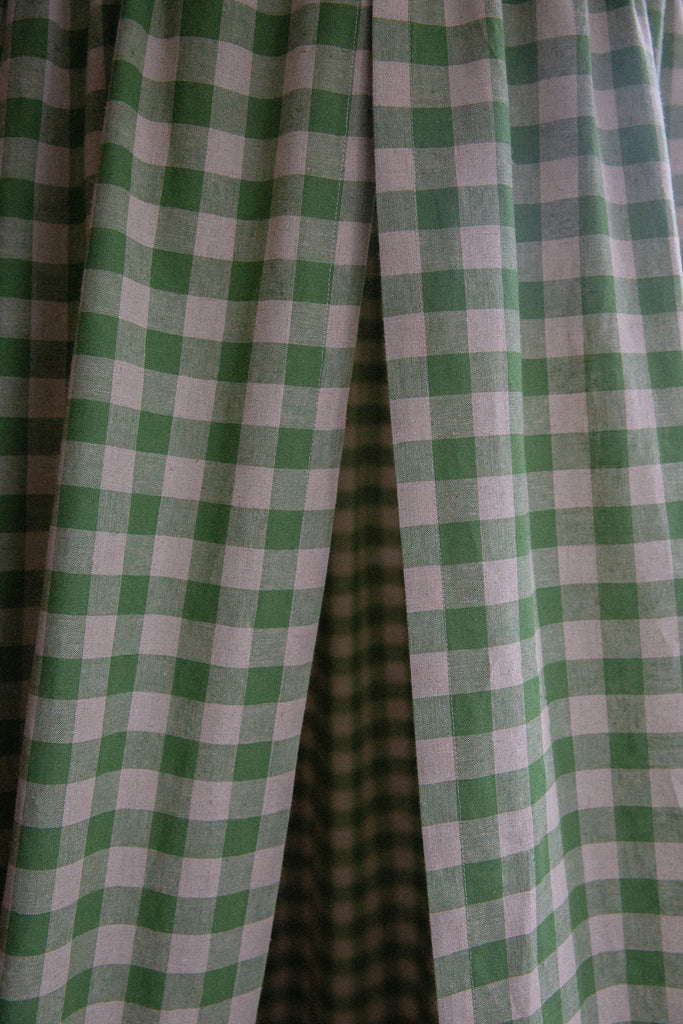 Green Bed Canopy with gingham fabric closeup