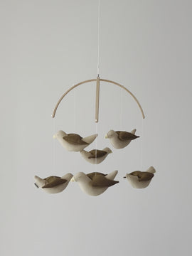 Baby mobile with cotton nightingales and wooden hanger