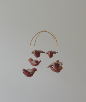 Baby mobile with cotton robin birds and wooden hanger